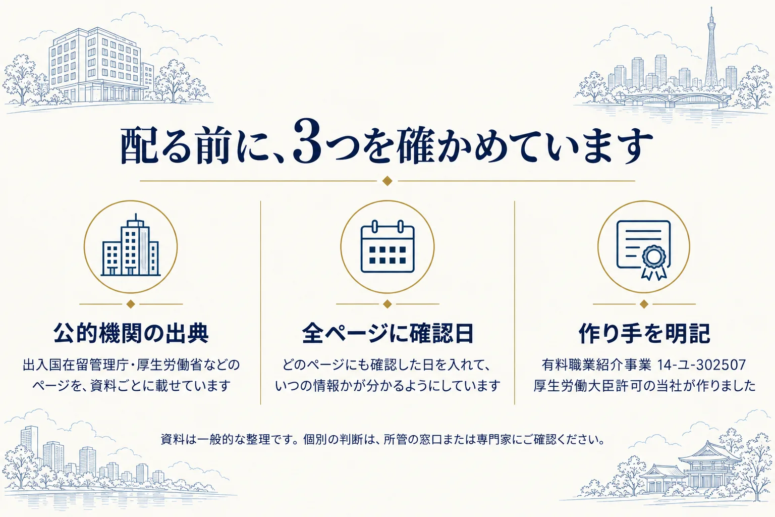 配る前に確かめていること：公的機関の出典、全ページの確認日、作り手（有料職業紹介事業 14-ユ-302507）。