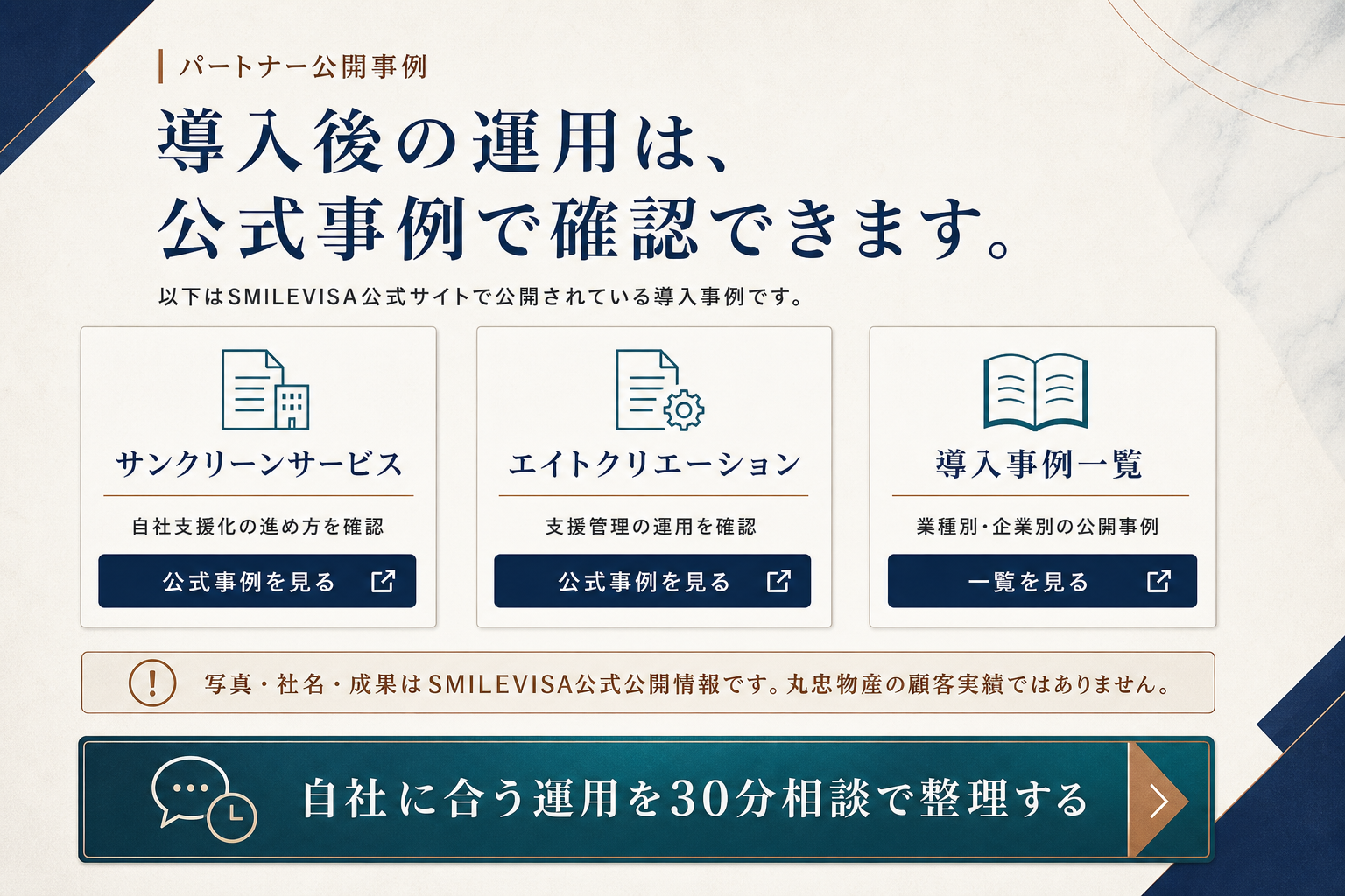 SMILEVISA公式サイトのサンクリーンサービス、エイトクリエーション、導入事例一覧への案内