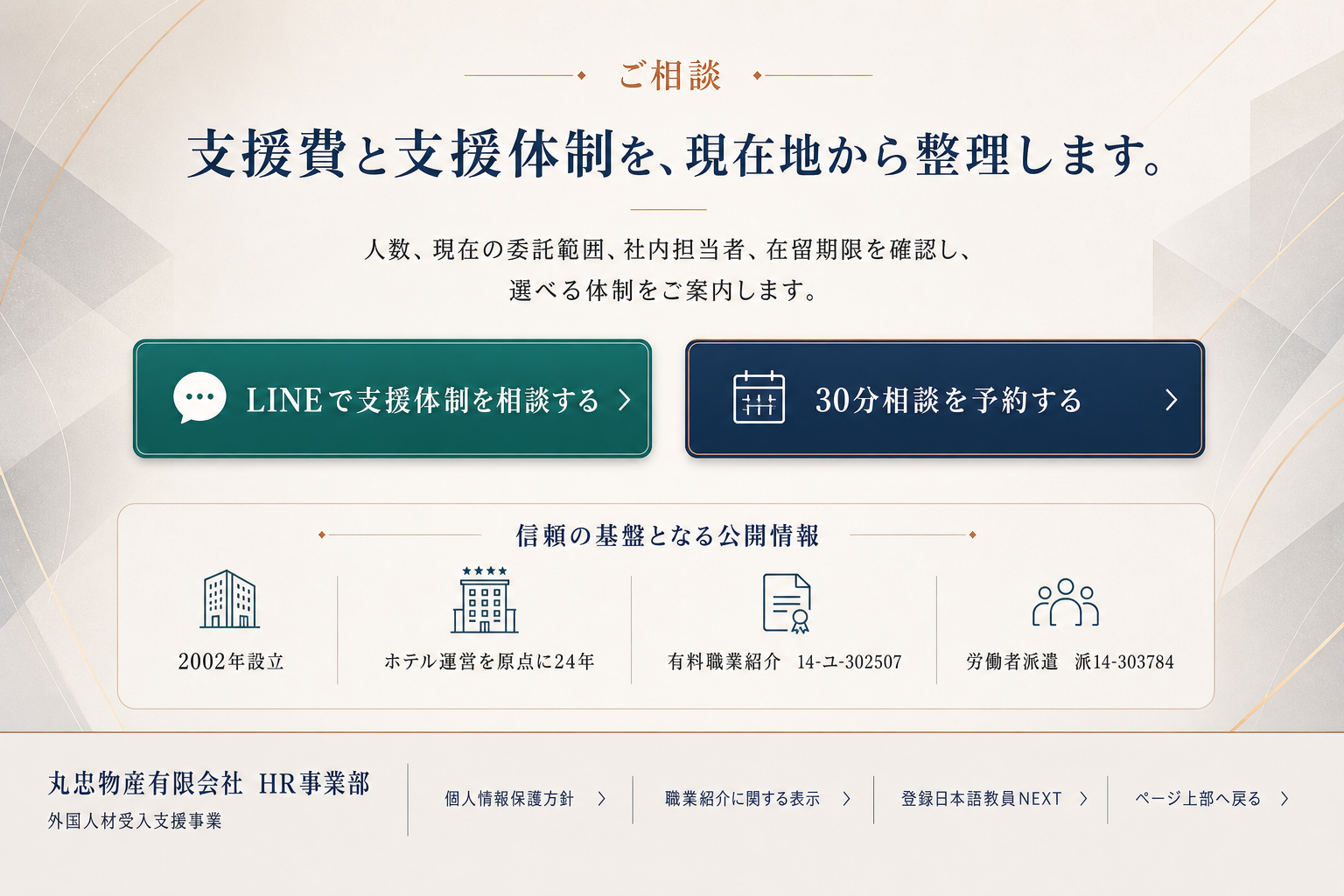 支援体制のLINE相談と30分相談、丸忠物産の設立年、ホテル運営歴、許認可、事業者情報
