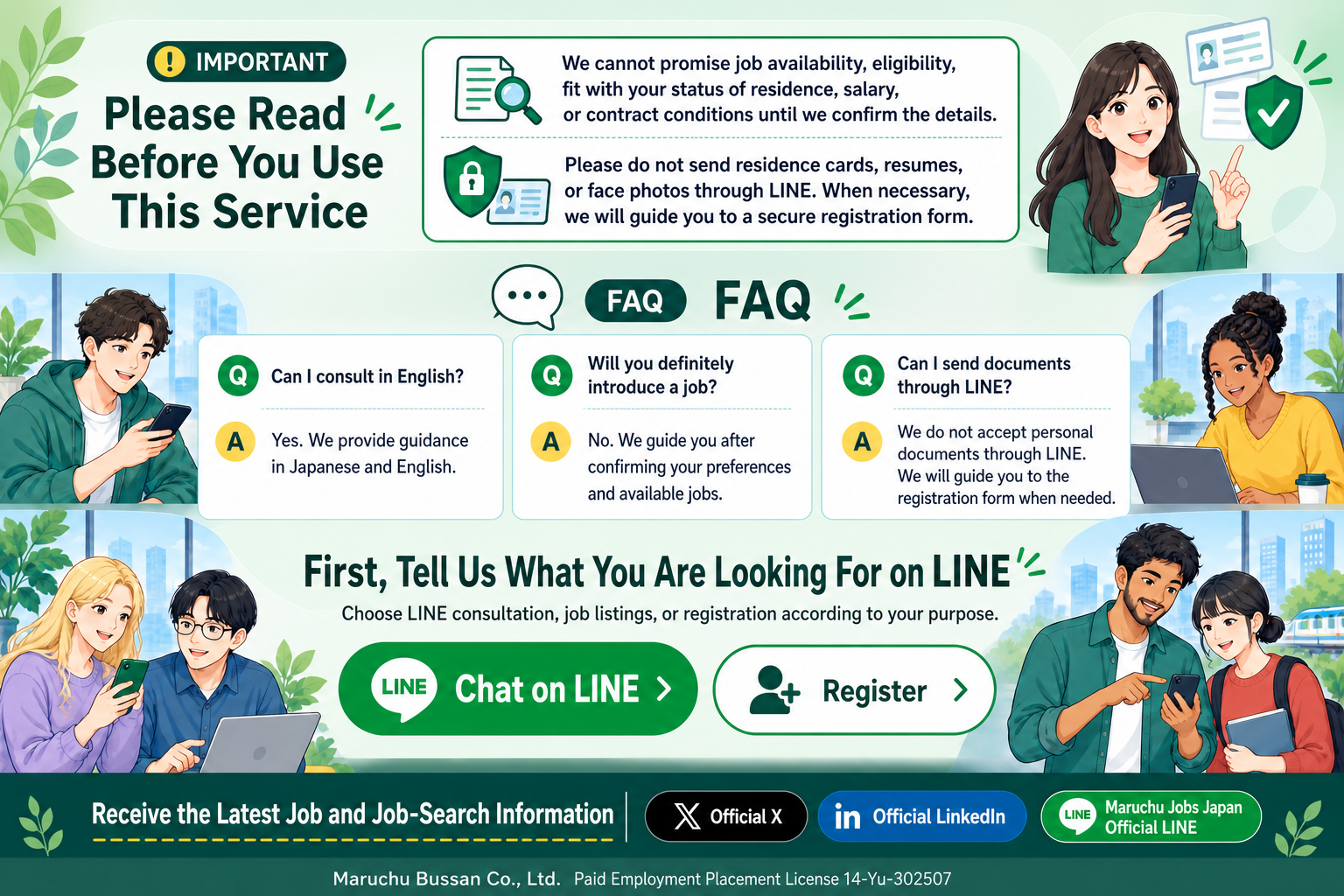 Important guidance, frequently asked questions, and ways to contact Maruchu Jobs Japan