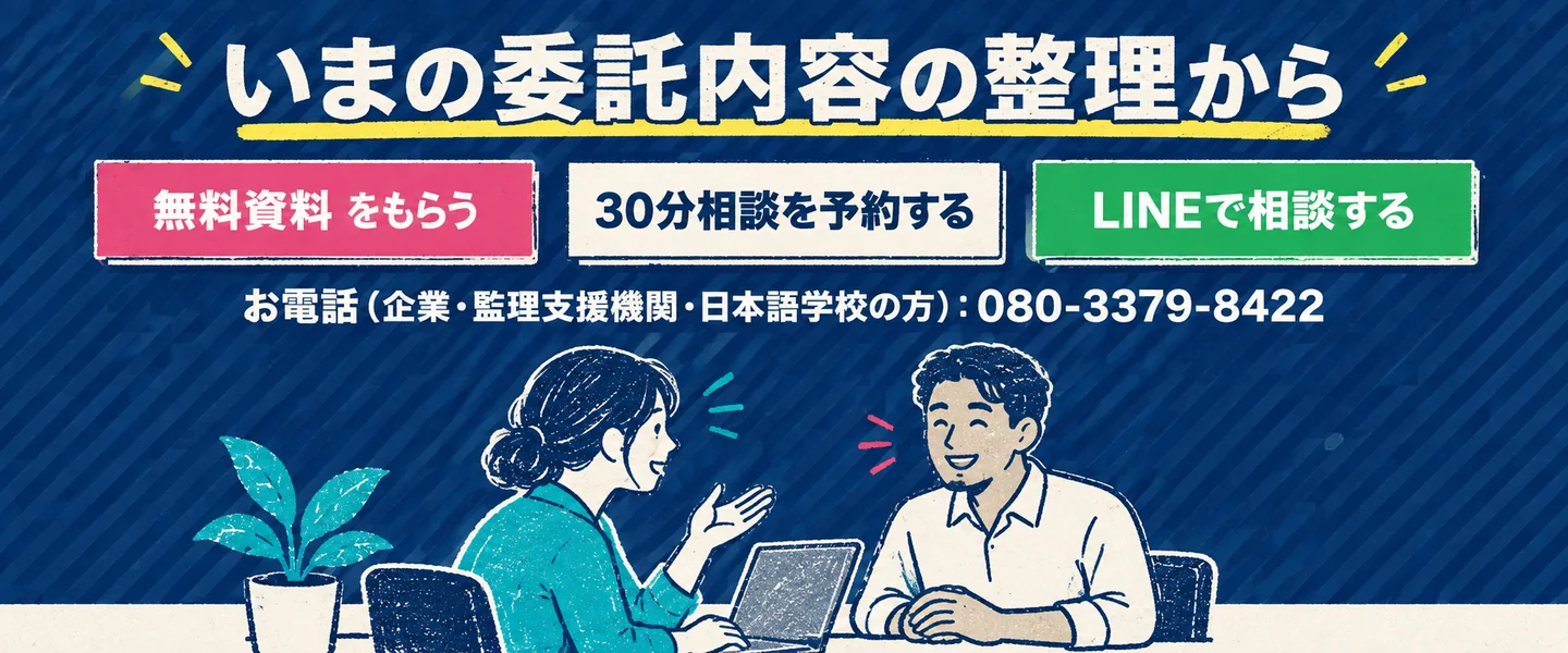 いまの委託内容の整理から。無料資料をもらう／30分相談を予約する／LINEで相談する。お電話（企業・監理支援機関・日本語学校の方）：080-3379-8422